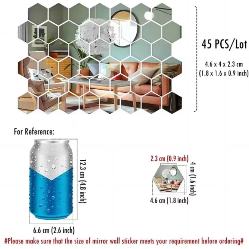 Stickers de Espejo Hexagonales para Pared (45 pcs)